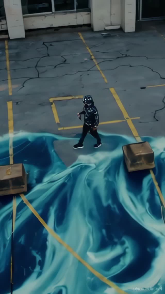 Turquoise Tide on Cracked Asphalt - Street Art AI stock